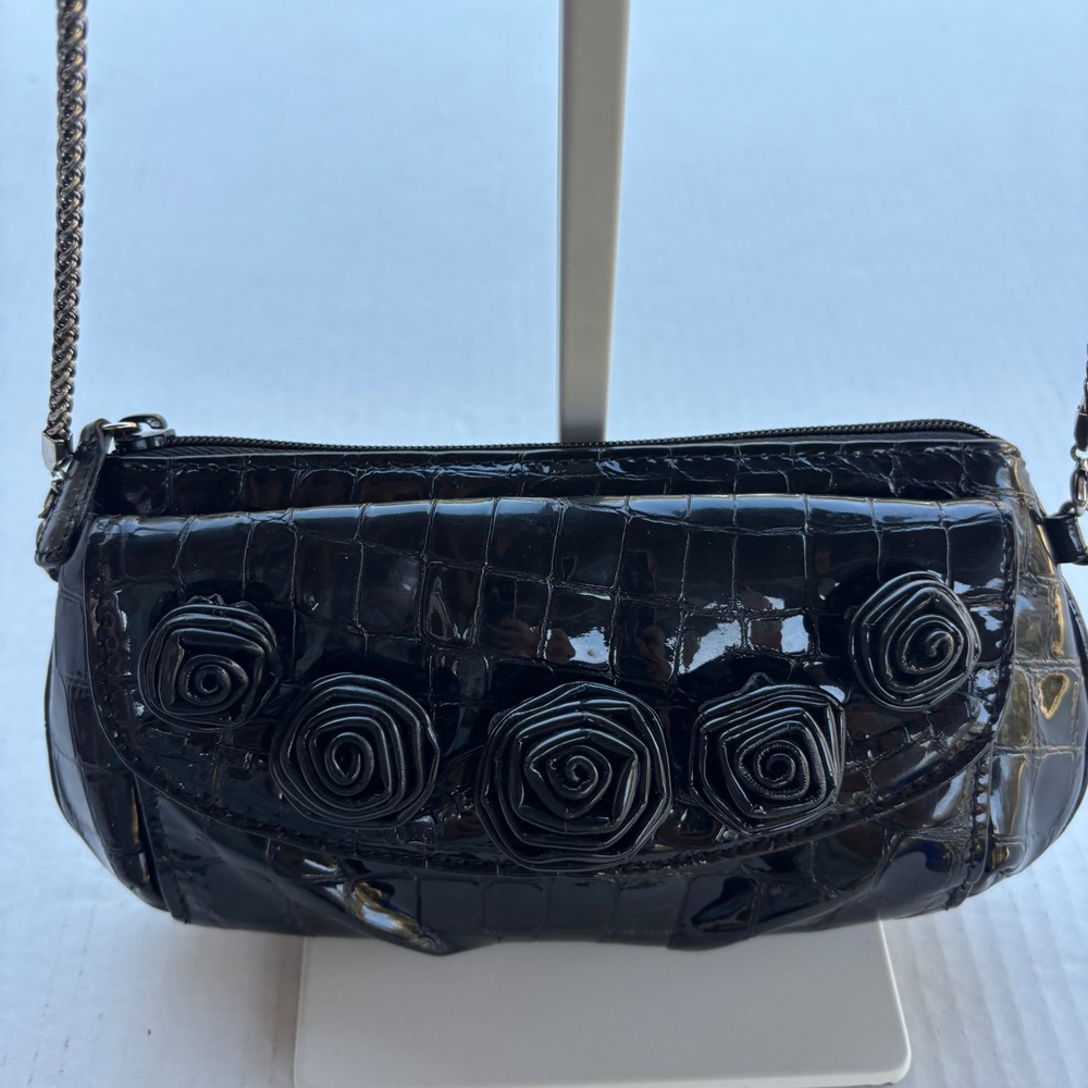 Brighton Black Croc Embossed Patent Leather 3D Rose Evening Bag Chain Strap